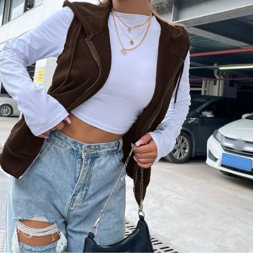 Kangaroo Pocket Drawstring Zipper Thermal Vest Hoodie